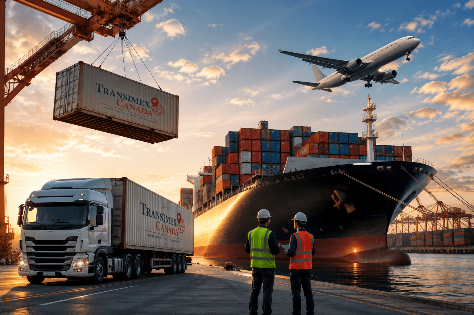 Transimex Canada logistics operations - shipping containers, cargo truck, plane, and port workers