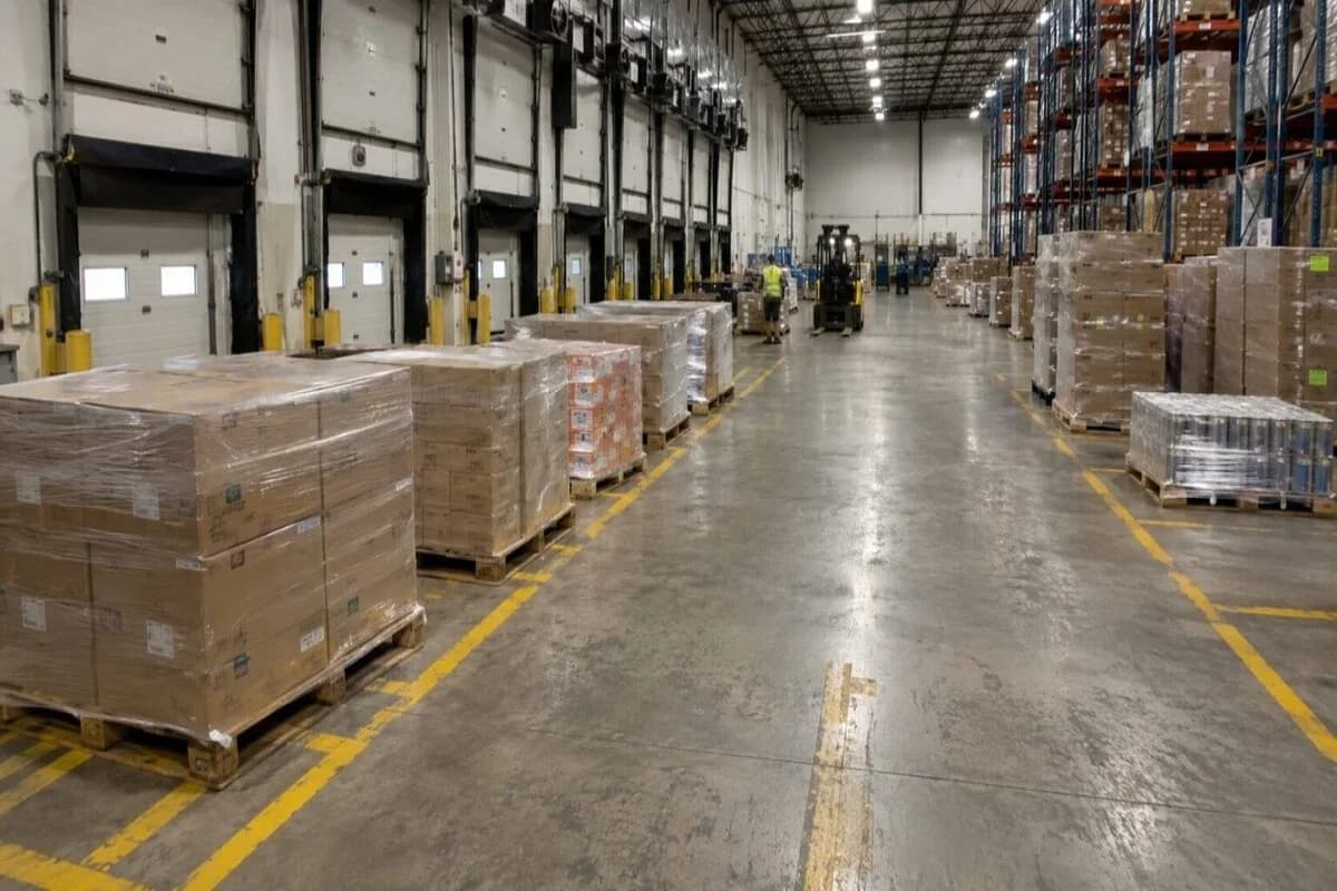 Pallets staged on a dock floor