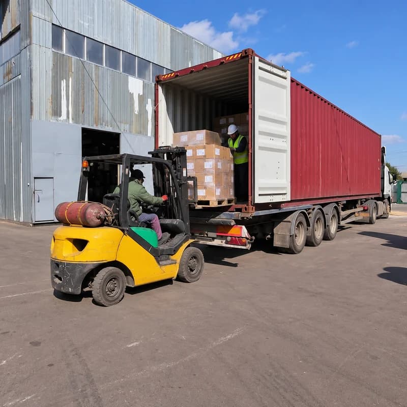 Forklift unloading a container