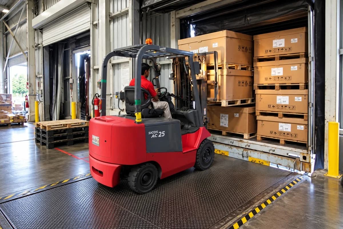 Forklift loading palletized freight into a trailer