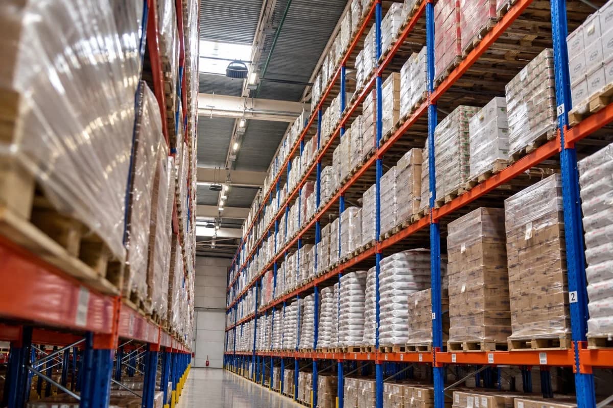Palletized freight stored in a warehouse